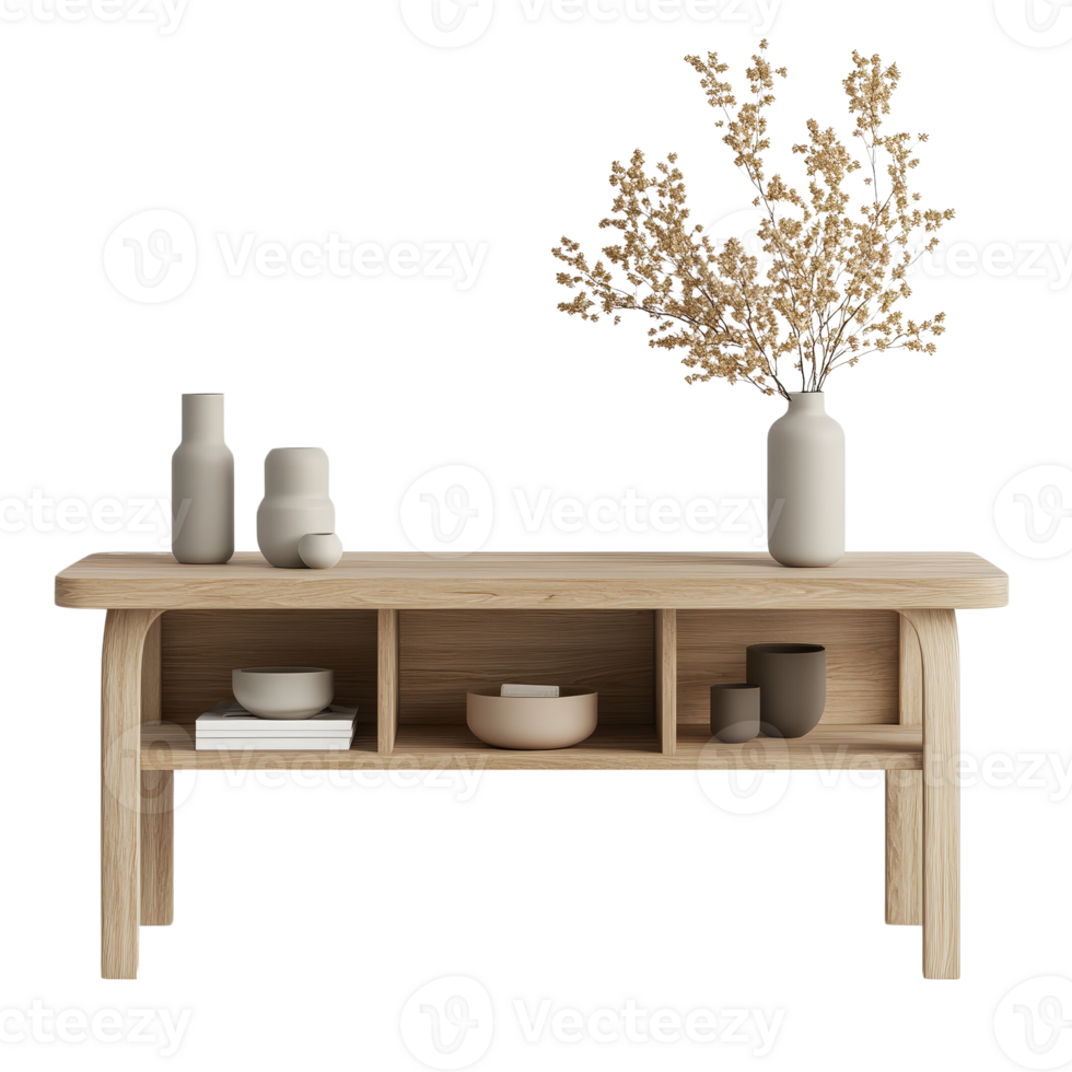 Minimalist Console Table with Dried Flowers and Vases, a Touch of Zen Elegance png