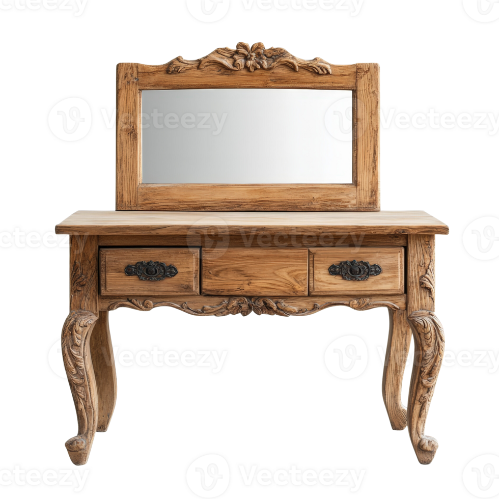 Classic Wooden Vanity Table with Intricate Carvings and Reflective Mirror for Timeless Home Decor png