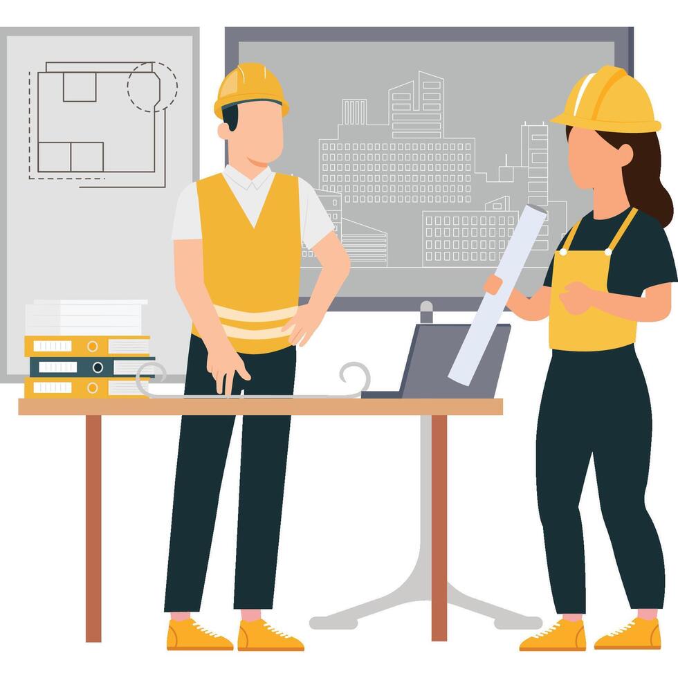 male and female engineers discussing something vector