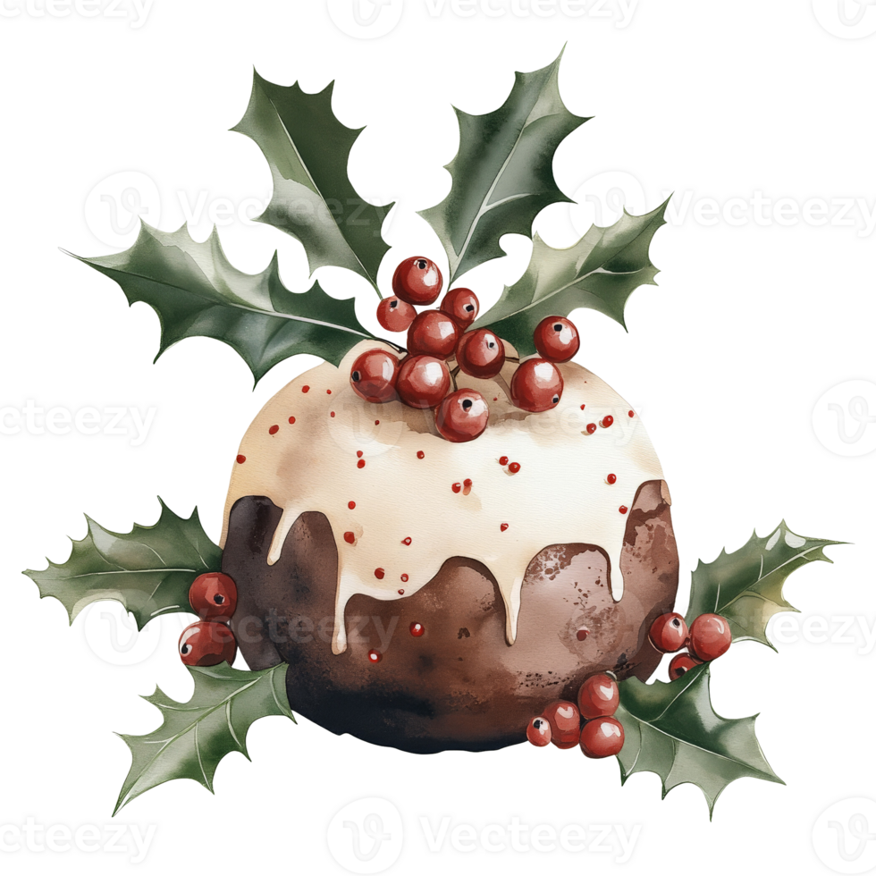 A Whimsical Christmas Pudding Adorned with Red Berries and Holly Leaves Emphasizing Festive Cheer and Joy png