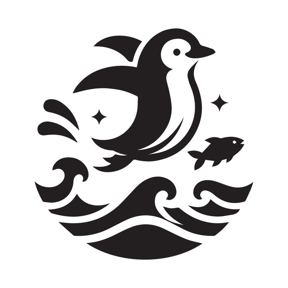 Black and White Cartoon Penguin Illustration Splashing in Water, Playful and Fun Animal Design vector