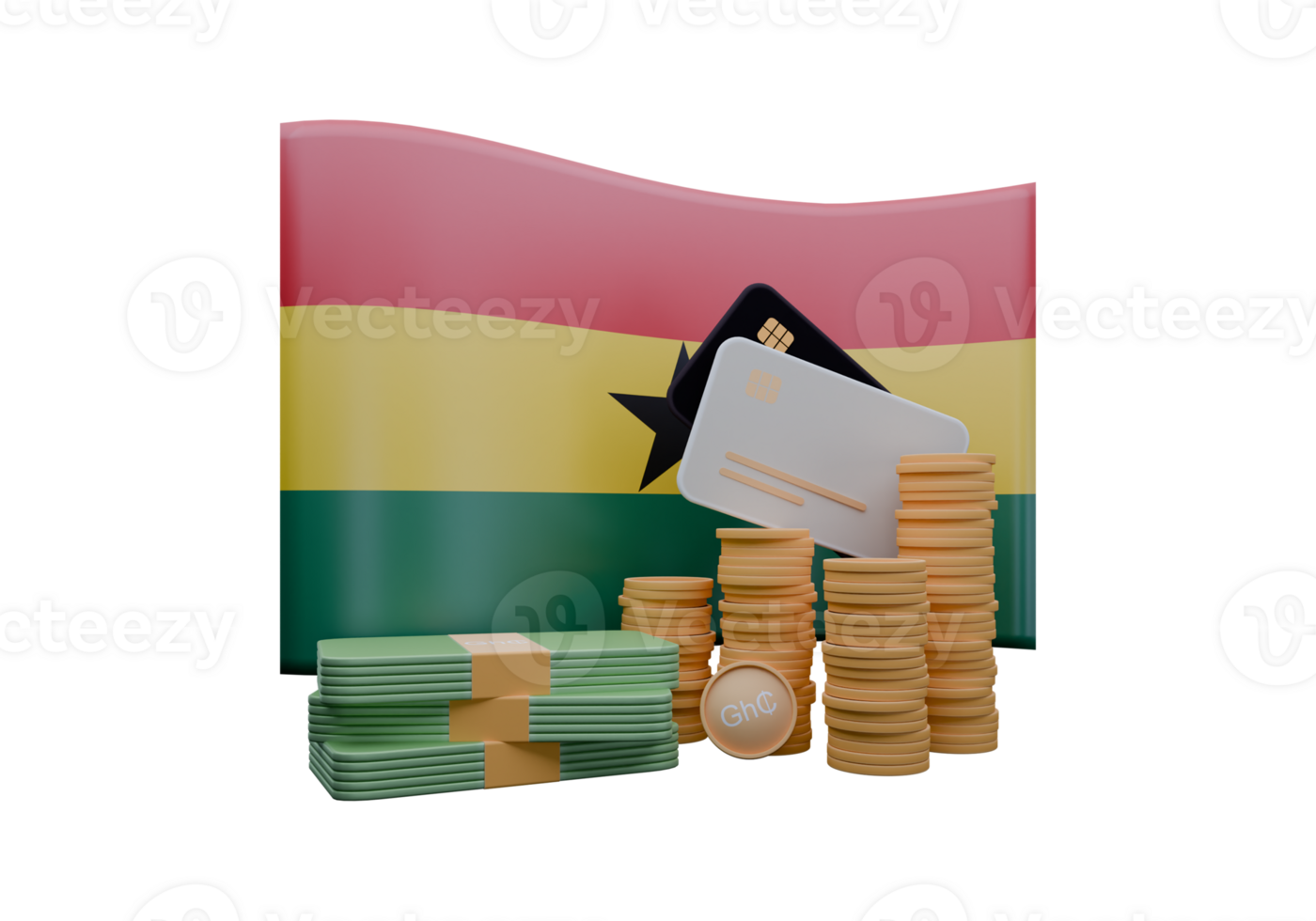 3D render illustration of Ghana flag and currency called Cedi png