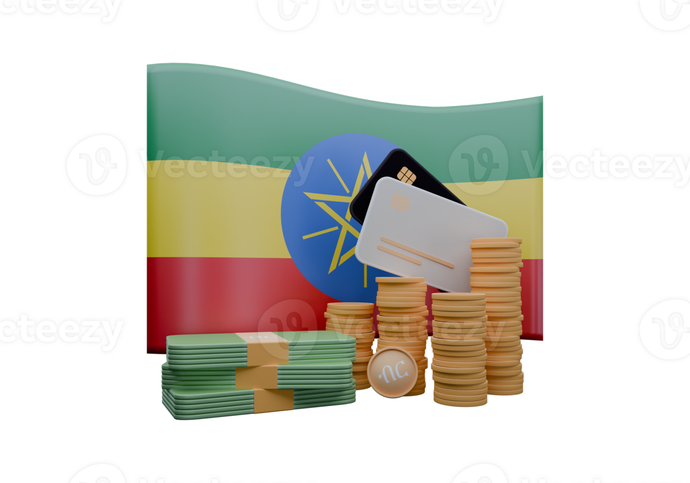 3D render illustration of Ethiopia flag and currency called Birr png
