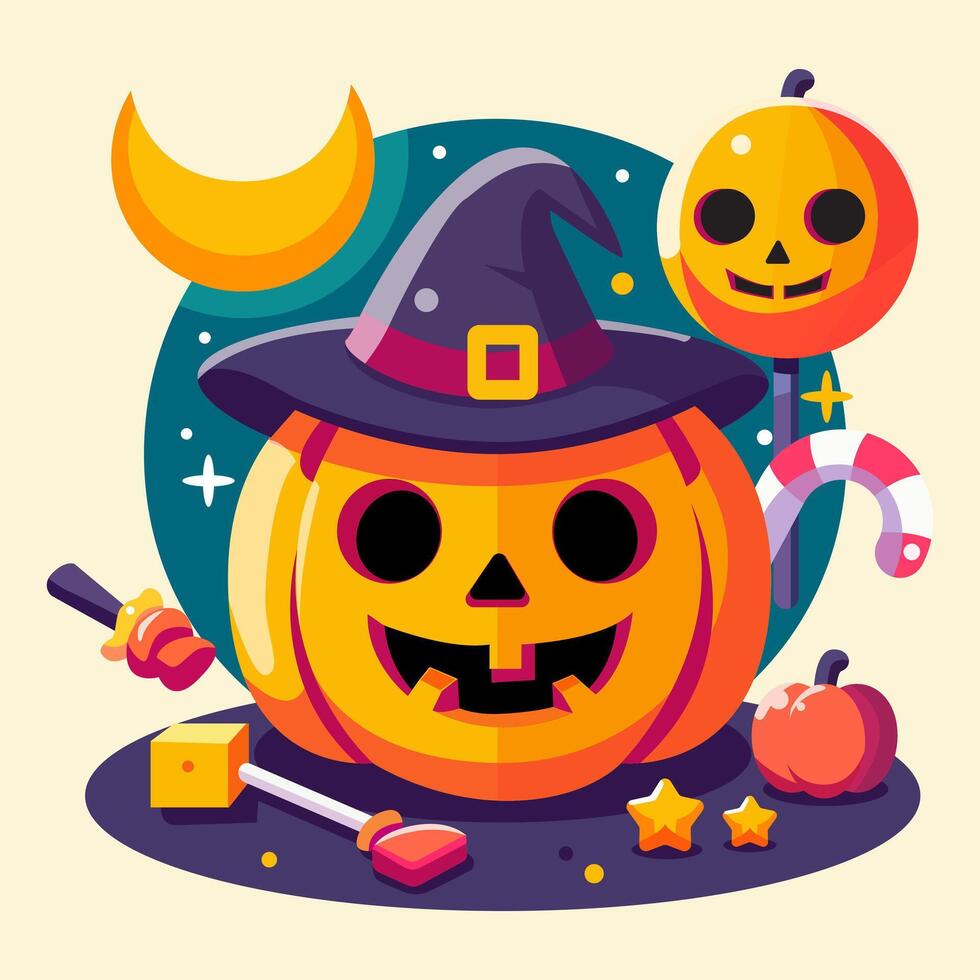 Halloween pumpkin with happy expression. Cartoon character illustration with moon, candy, and fruit. vector