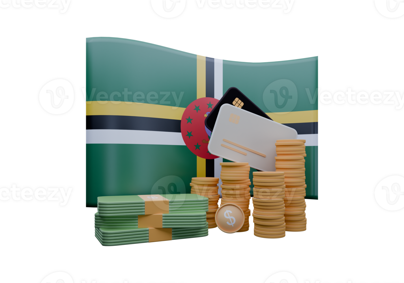 3D render illustration of Dominica flag and currency called East Caribbean Dollar png