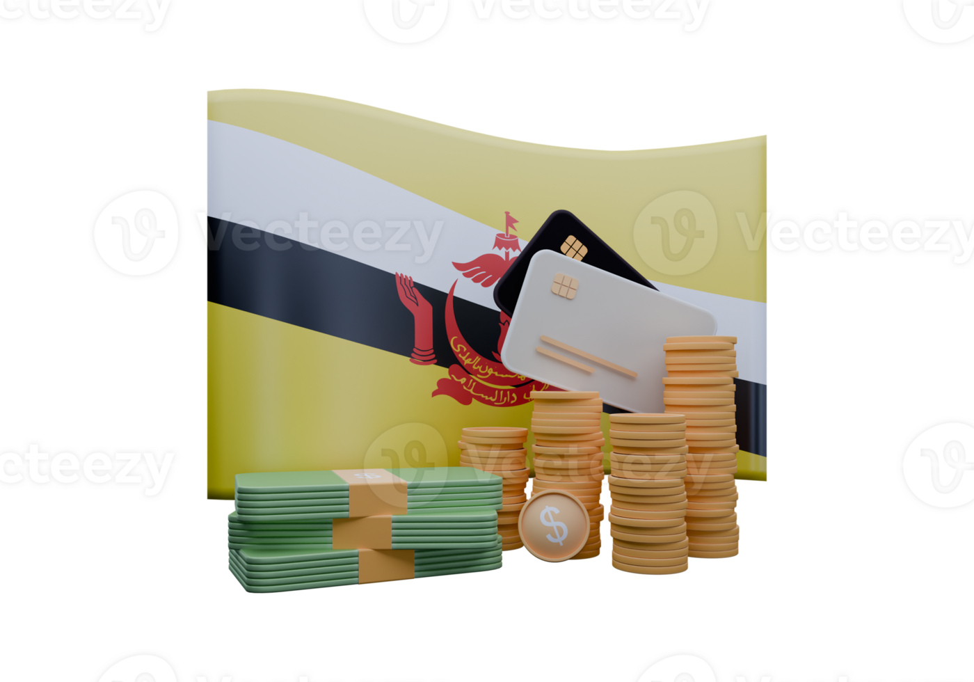 3D render illustration of Brunei Darussalam flag and currency called Dollar png
