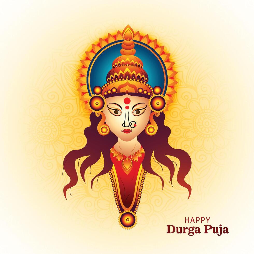 Goddess durga face in happy durga puja subh navratri card background vector