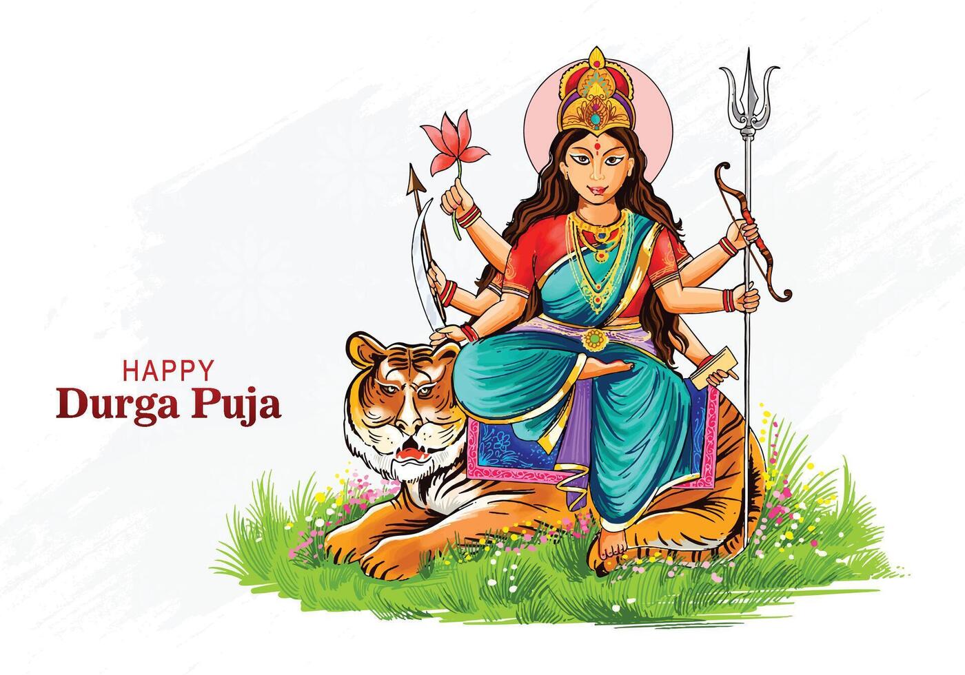 Goddess durga face in happy durga puja card background vector