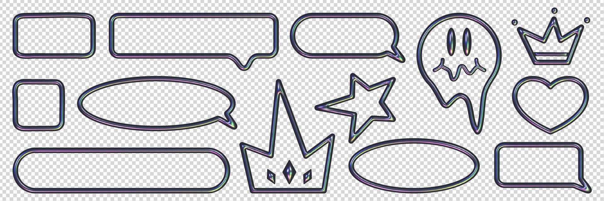 Set of different speech bubble frames in 3D style. Inflated elements in the form of frames, a crown, a heart, a star with a chrome-plated, liquid metal texture. vector