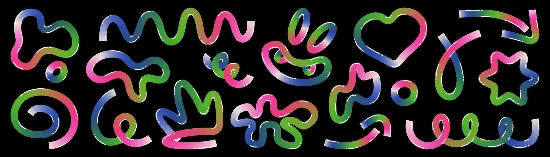 A set of playful doodle elements made from gradient ribbon. Futuristic elements with 3D effect for the design of a holiday poster, poster. vector