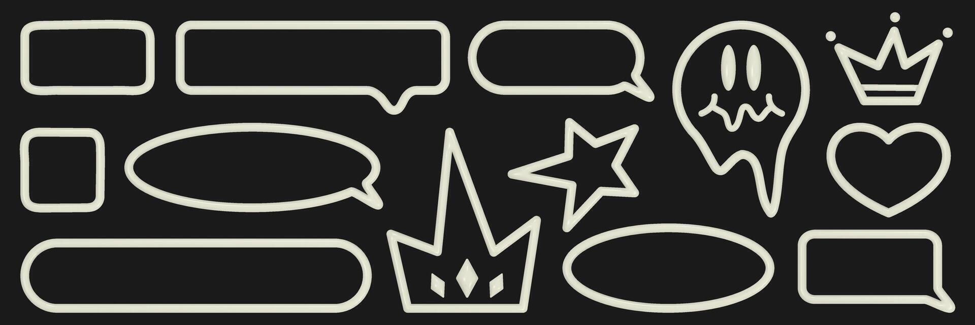 Set of different speech bubble frames in 3D style. Inflated elements in the form of frames, crowns, hearts, stars with a white texture of plastic, plasticine. vector