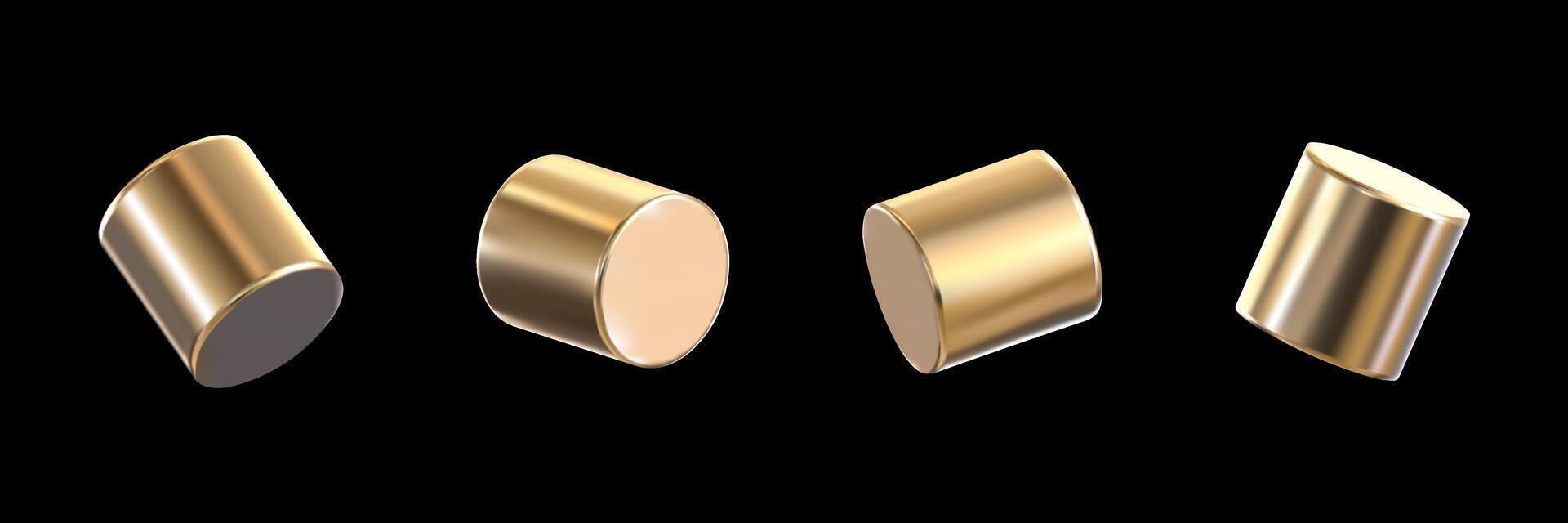 Set of 3D geometric shapes in the shape of a cylinder with a gold texture. Abstract simple metal shapes in three-dimensional space. vector