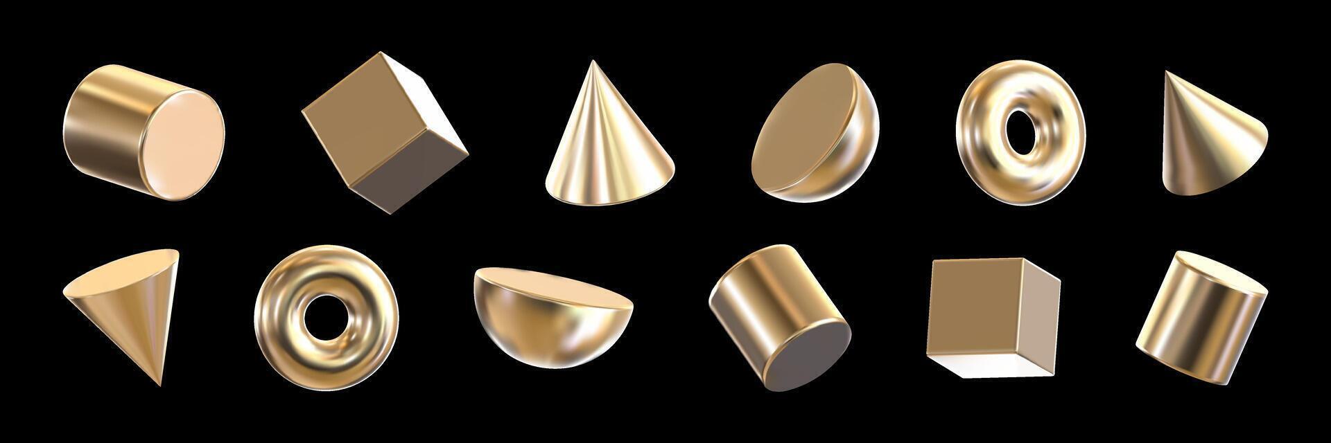 Set of 3D geometric shapes in the form of a square, cylinder, pyramid and semicircle with gold texture. Abstract simple metal shapes in three-dimensional space. vector