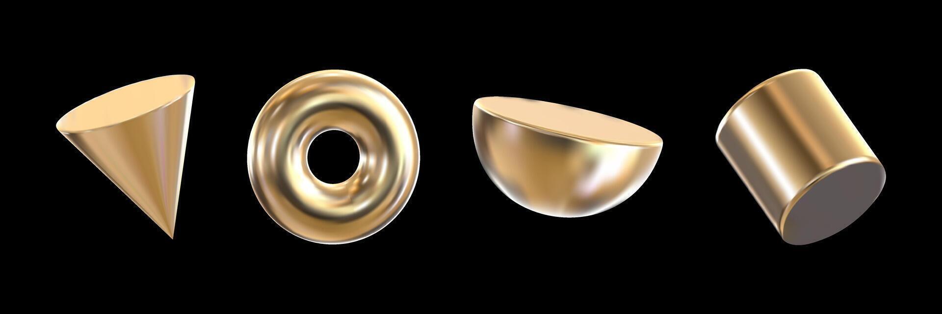 Set of 3D geometric shapes in the form of a cylinder, ring, pyramid and semicircle with gold texture. Abstract simple metal shapes in three-dimensional space. vector