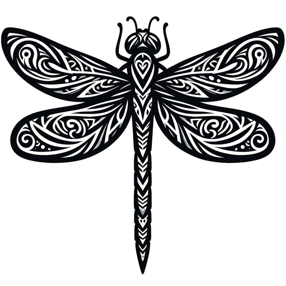 Clean Line Dragonfly Tattoo with Tribal Patterns vector