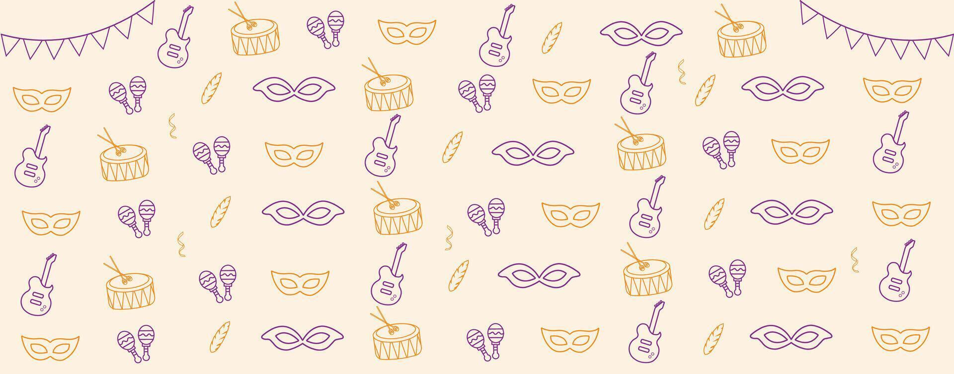 carnival background design with mask, feathers, drum, guitar and flags for party vector