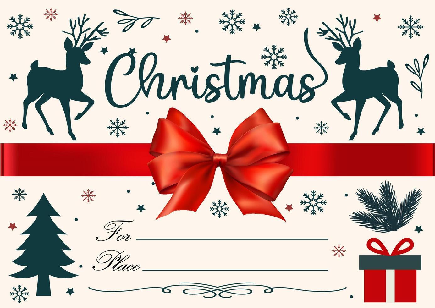 Christmas card with red bow and reindeer design vector