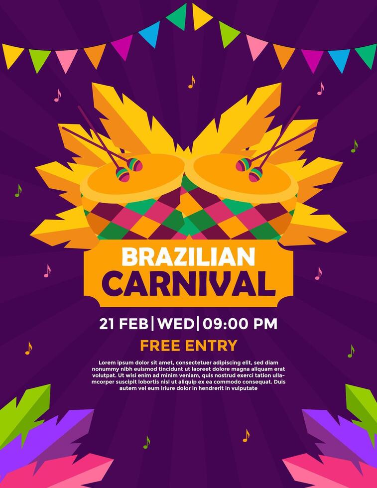 carnival party invitation flyer design with feathers, drum and flags for party. vector