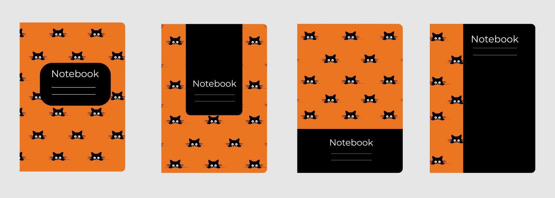 Set of cover designs for notebook, notepad, book, catalog with many black cats. Vertical format A4,A5. vector