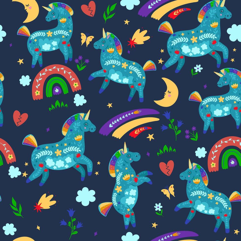Seamless pattern with cute unicorns and rainbows in boho style. graphics. vector
