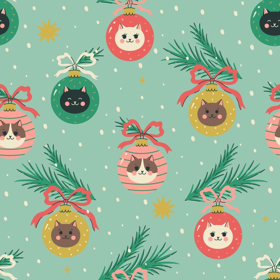 Seamless pattern with Christmas balls with cat faces. graphics. vector