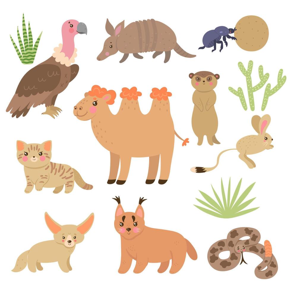Set of cute desert animals isolated on white background. graphics. vector