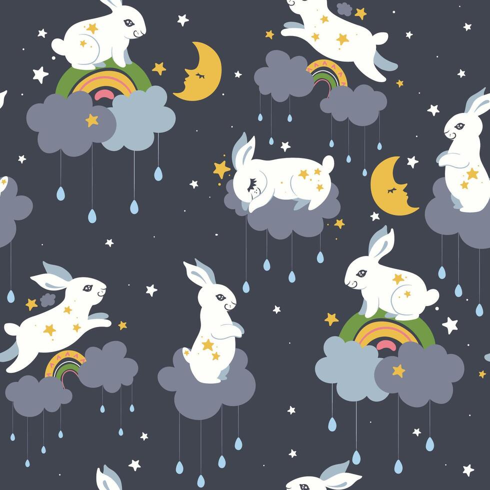 Seamless pattern with cute rabbits and clouds. graphics. vector