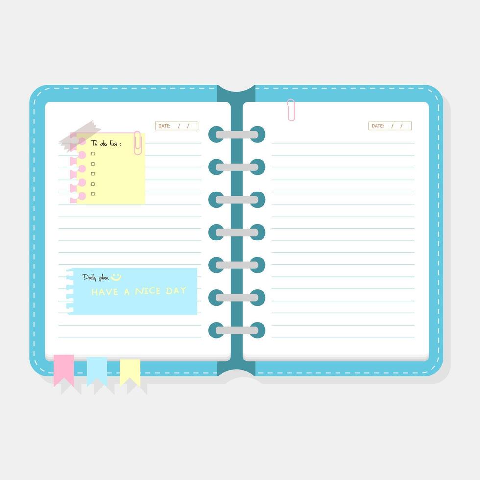 Open notebook for notes with to do list notepad paperclip vector