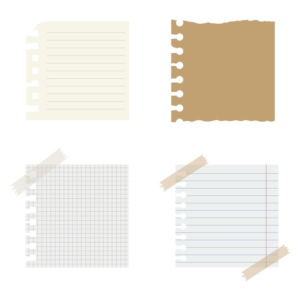 Torn paper notepad page strips with tape, rip blank notes and papers vector