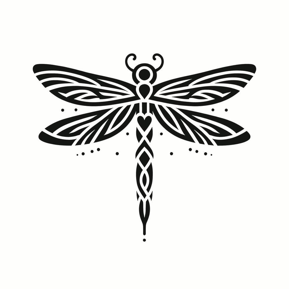 Intricate Tribal Dragonfly Tattoo with Subtle Heart Shape. EPS10 vector