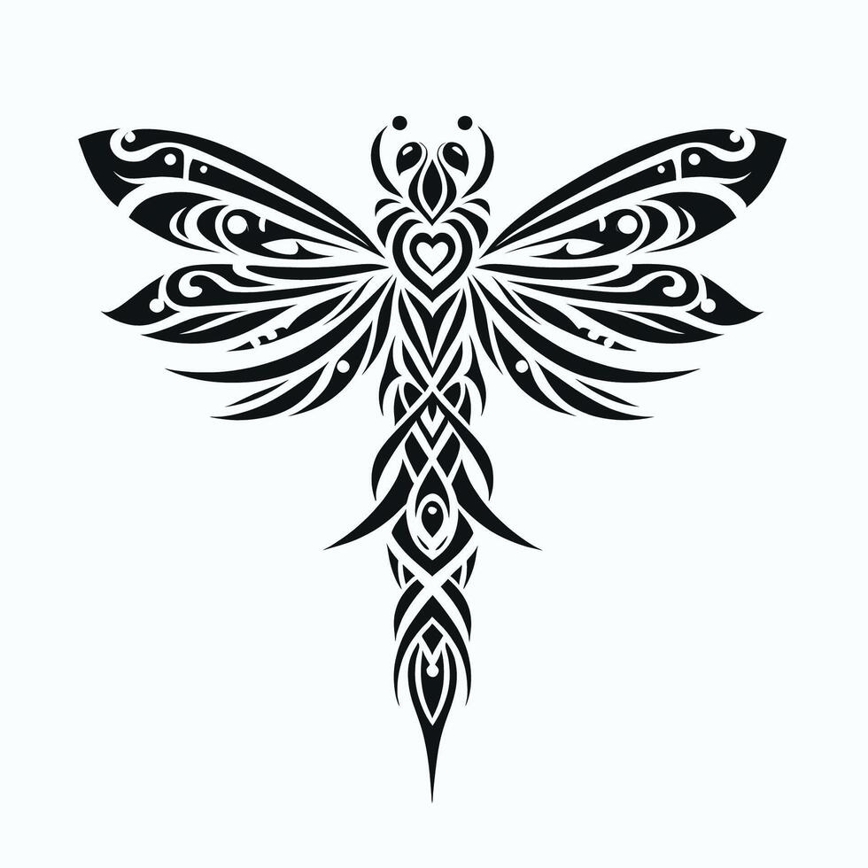 Intricate Tribal Dragonfly Tattoo with Bold, Clean Lines. vector