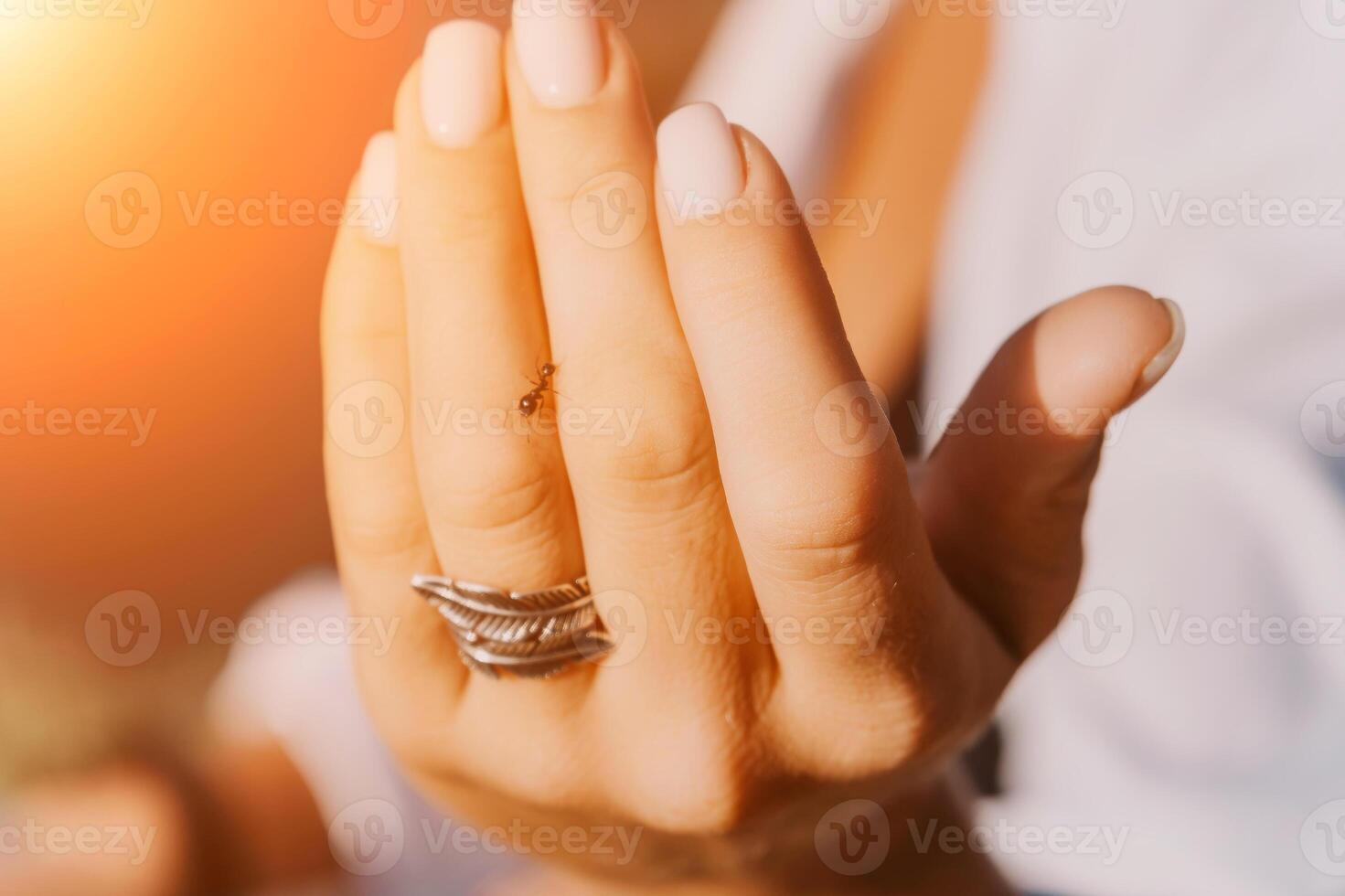 Ant walking by woman hand with a ring with feathers on her finger photo