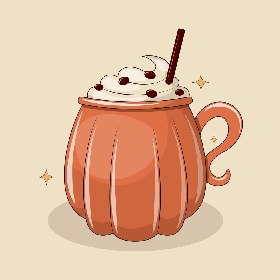 Pumpkin latte in orange mug. Creamy foam, chocolate, straw. Bright illustration with black outline. Flat trendy style. vector