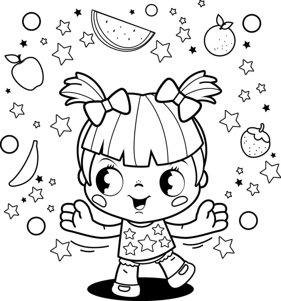 A happy little girl skipping and playing in the flower garden. Active child skipping rope and having fun. Black and white coloring page vector