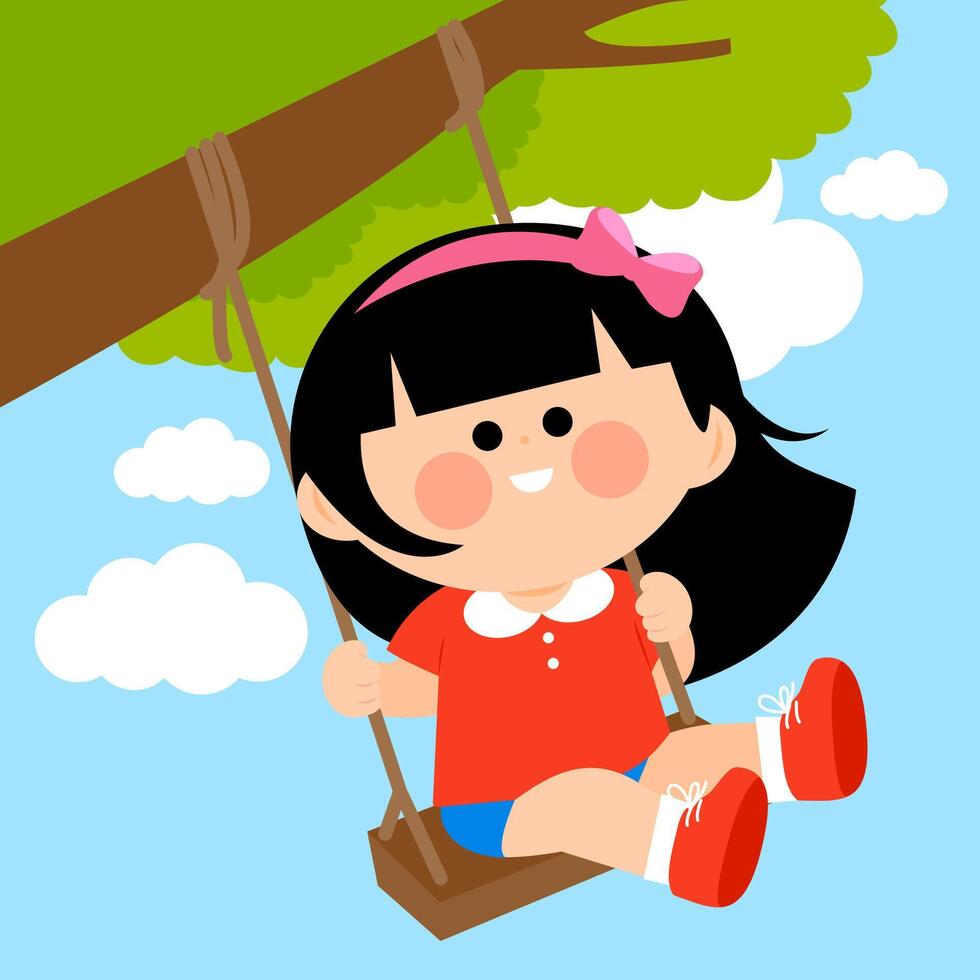 A little girl playing on a tree swing in the garden. Child on swing playing outdoors in nature. vector