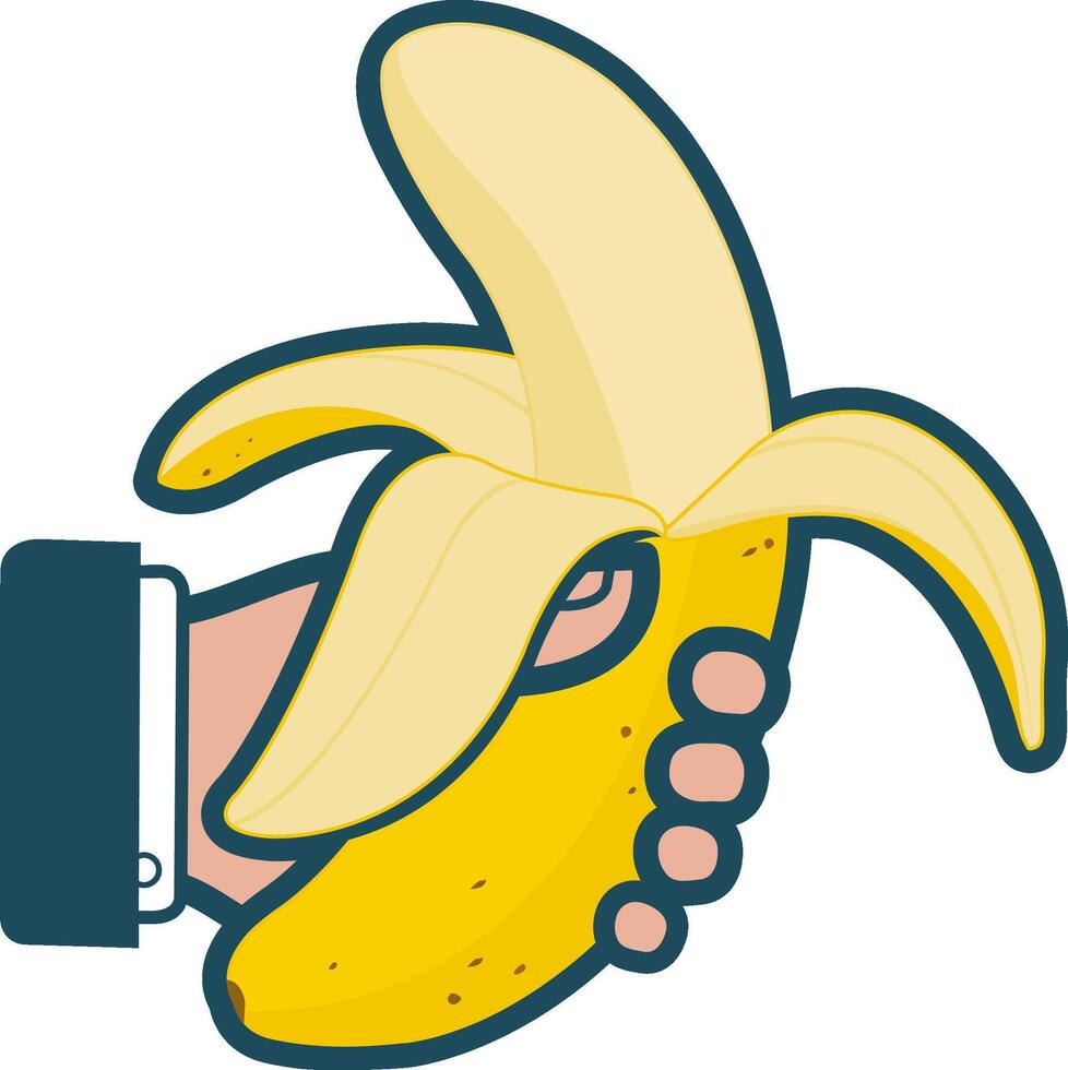 Hand of business man at the office with suit eating a ripe yellow banana. Businessman hand holding a peeled banana. Illustration icon vector