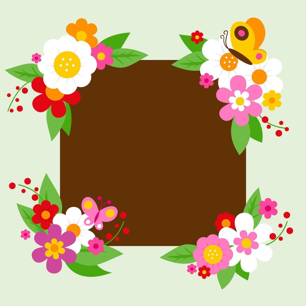 Frame with beautiful flowers and butterflies. Colorful flower wreath frame background and butterflies. vector