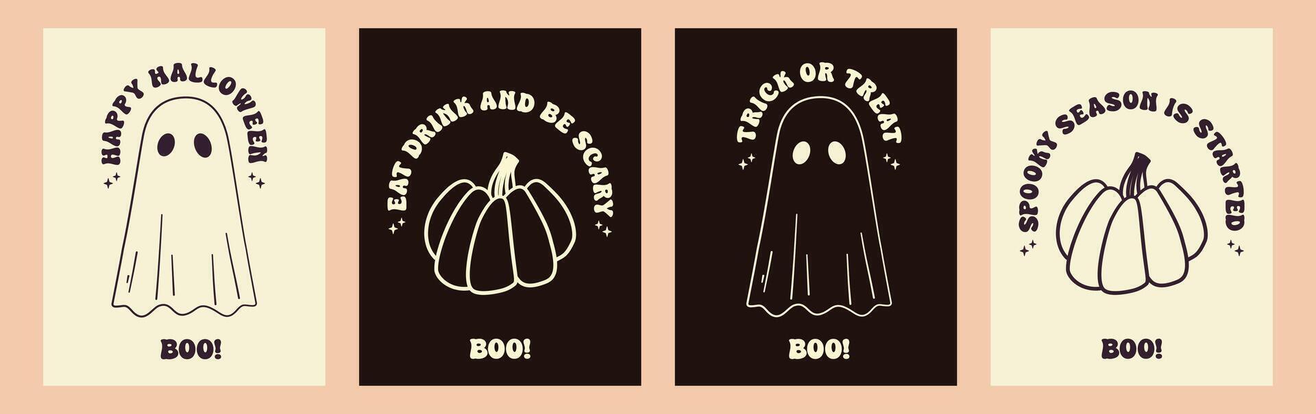 Set of halloween emblems in retro style. Silhouette and line pumpkins and ghosts. vector