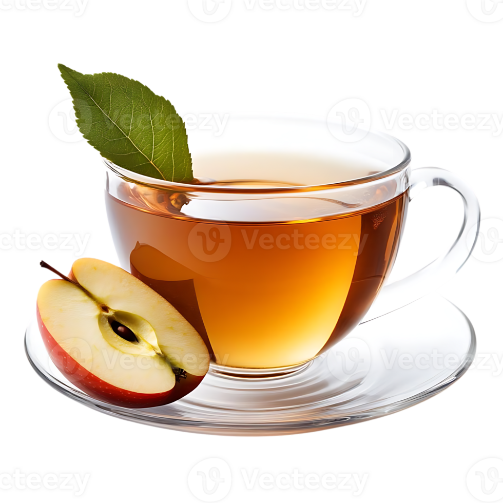 A Refreshing Cup of Apple Tea with a Transparent Background, Enjoying a Warm Beverage with a Sliced Apple and a Green Leaf. png