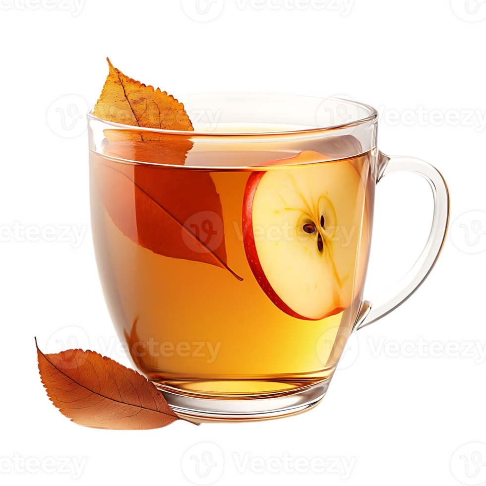 Warm Apple Cider with Cinnamon Sticks and Leaves, Transparent Background png