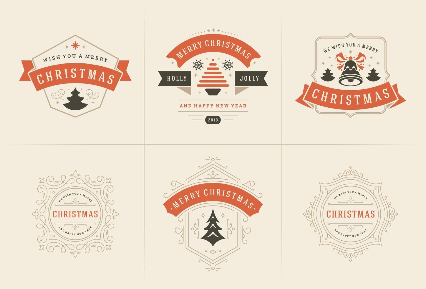 Merry Christmas ornate labels and badges set happy new year and holidays wishes vector