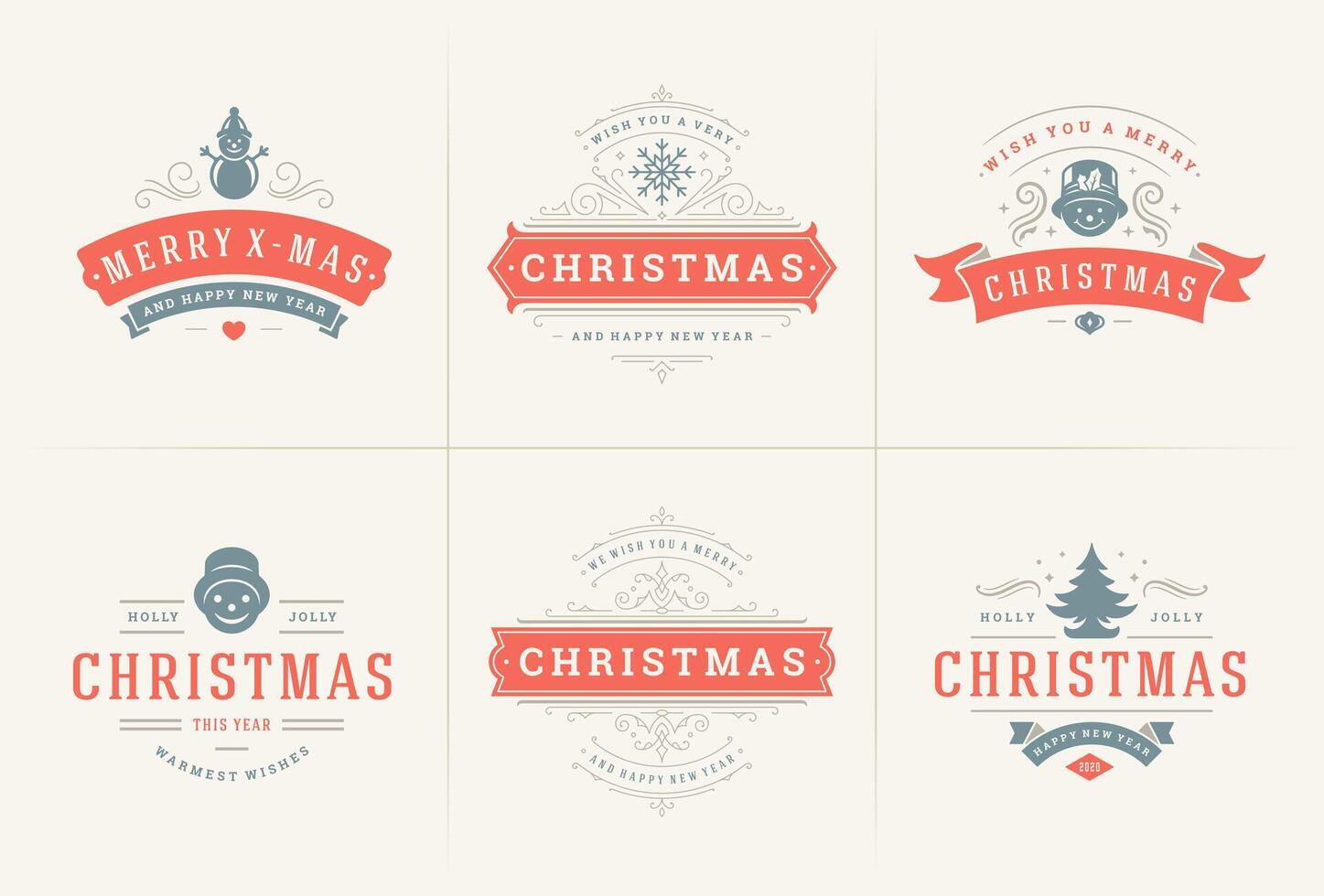 Christmas ornate labels and badges set with happy new year holidays wishes typography for greeting cards vector