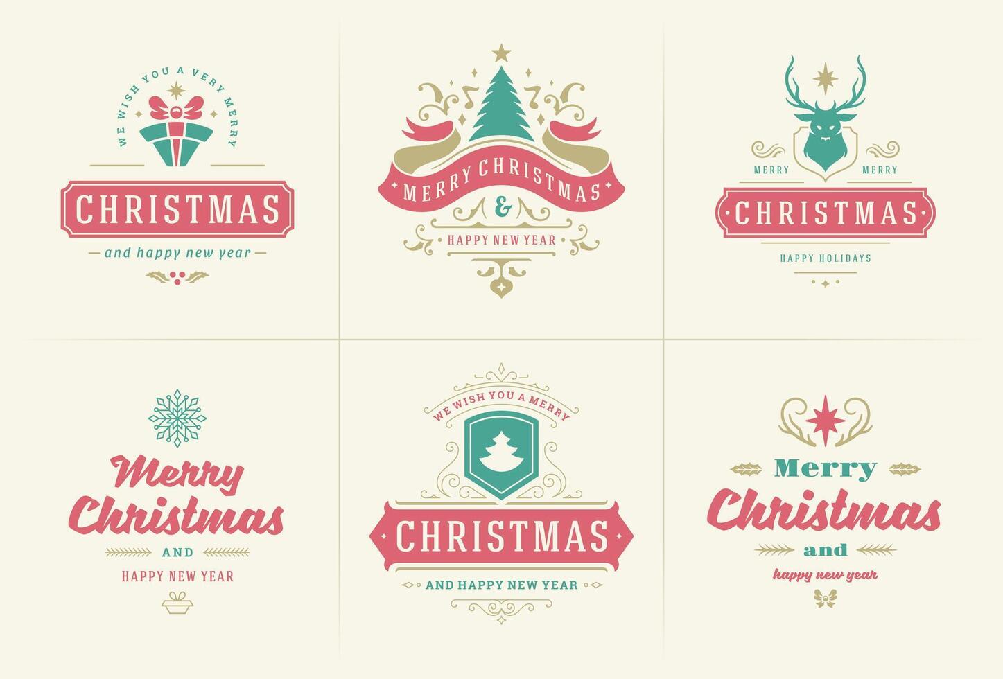 Christmas typography ornate labels and badges, happy new year and winter holidays wishes for illustration vector