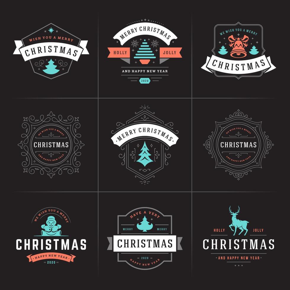 Merry Christmas ornate labels and badges set, happy new year and holidays wishes typography for greeting cards vector