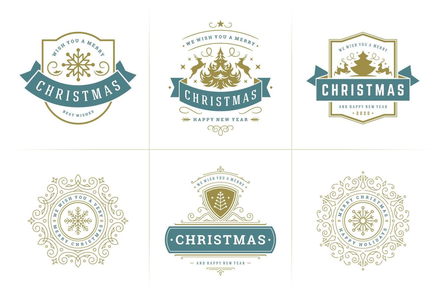Christmas typography ornate labels and badges, happy new year and winter holidays wishes for illustration vector
