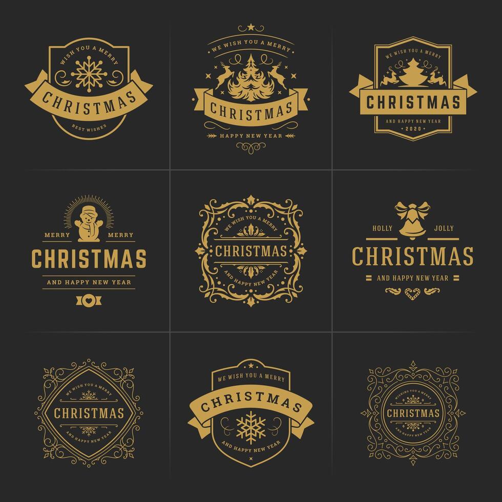 Christmas ornate labels and badges set with happy new year holidays wishes typography for greeting cards vector
