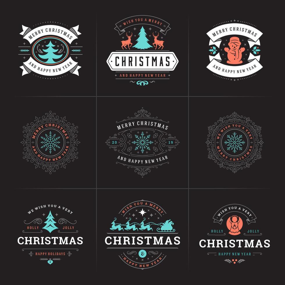Christmas ornate labels and badges set with happy new year holidays wishes typography for greeting cards vector