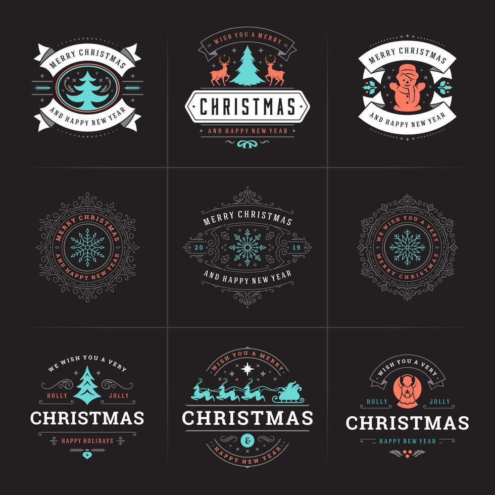 Christmas ornate labels and badges set with happy new year holidays wishes typography for greeting cards vector