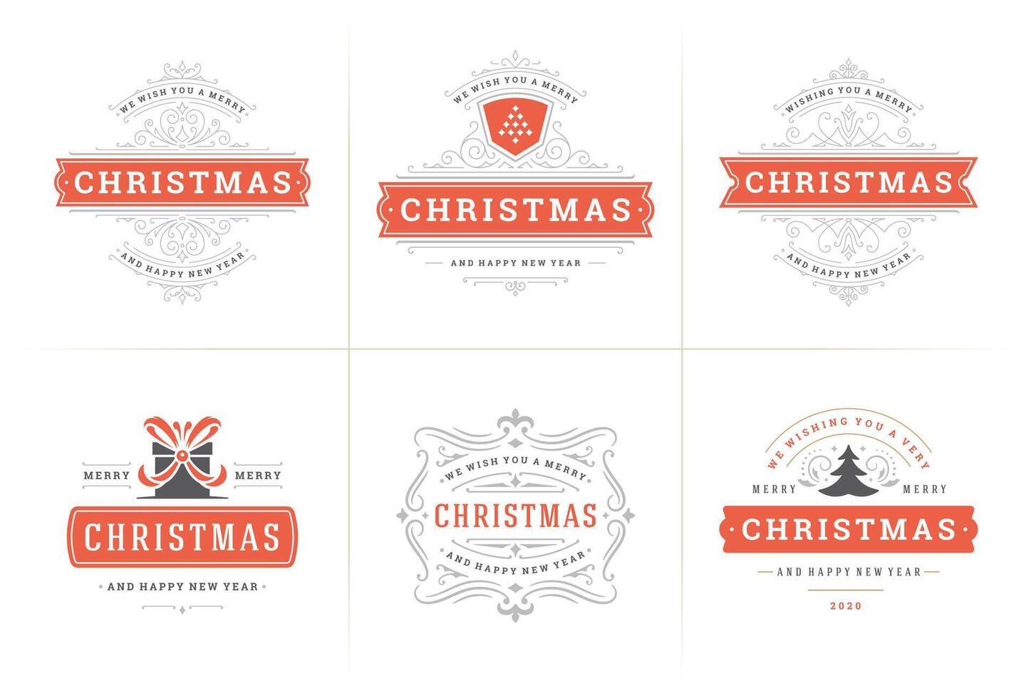 Christmas ornate labels and badges set, happy new year and winter holidays wishes typography for greeting cards vector
