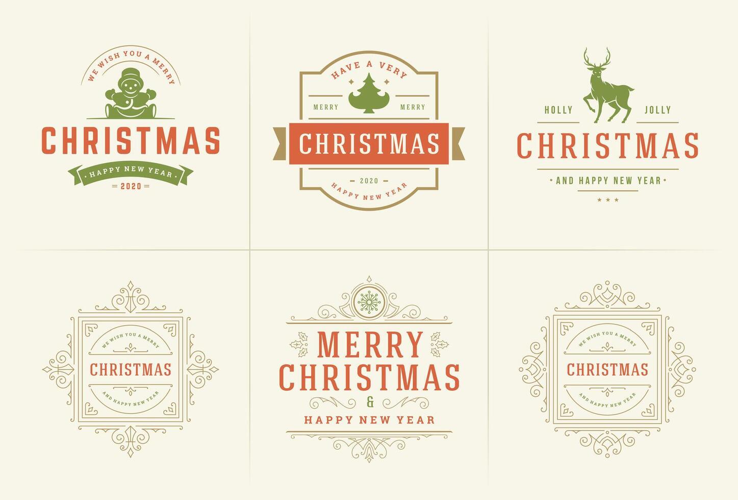 Christmas ornate labels and badges set with happy new year holidays wishes typography for greeting cards vector